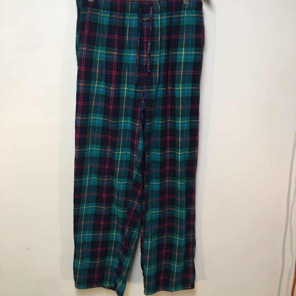Lands' End Pajama Pants Mens M Green Plaid Flannel Cotton Drawstring Loungewear
